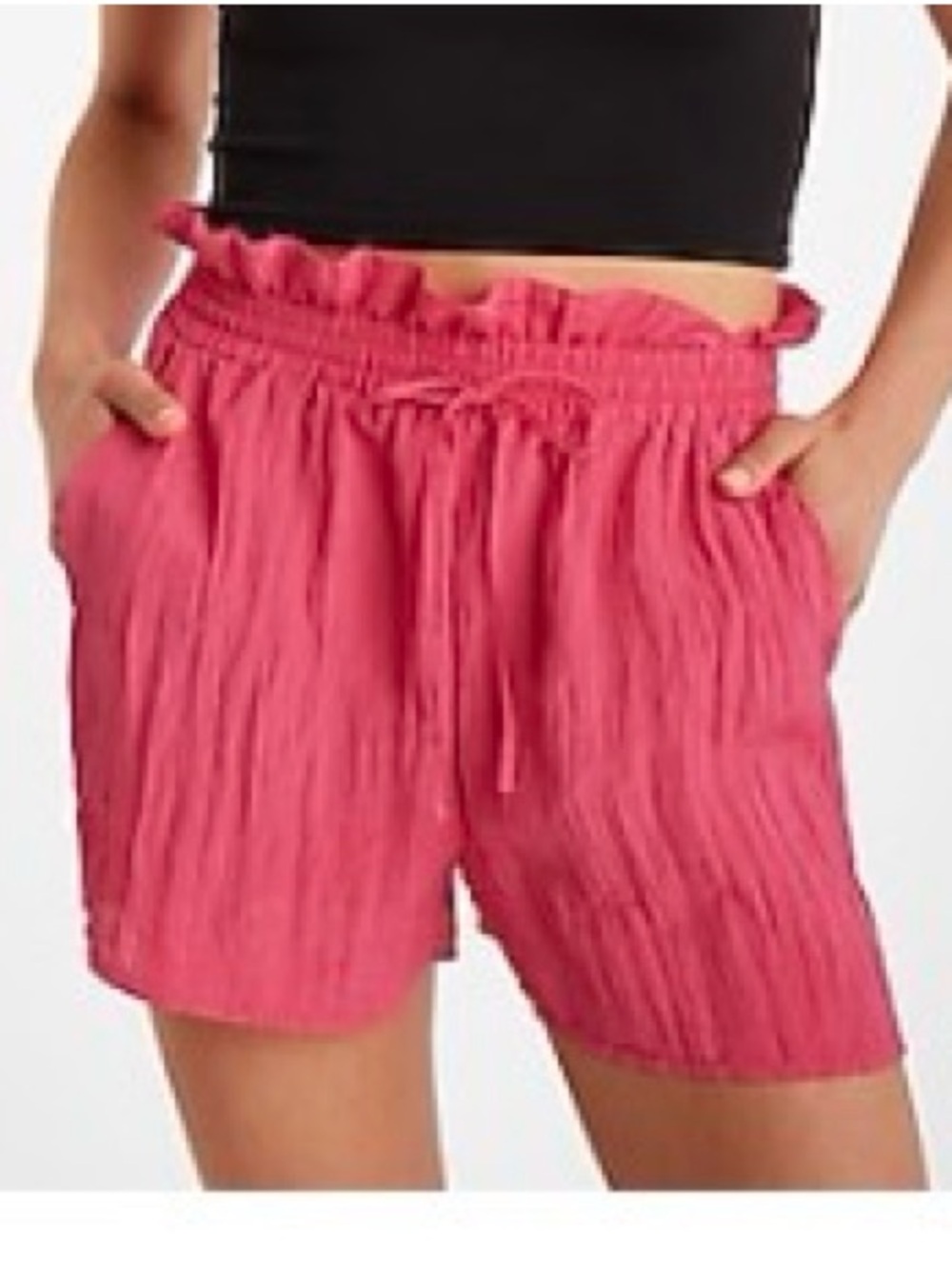 Express High-Waist Ruffle Drawstring Shorts in Pink